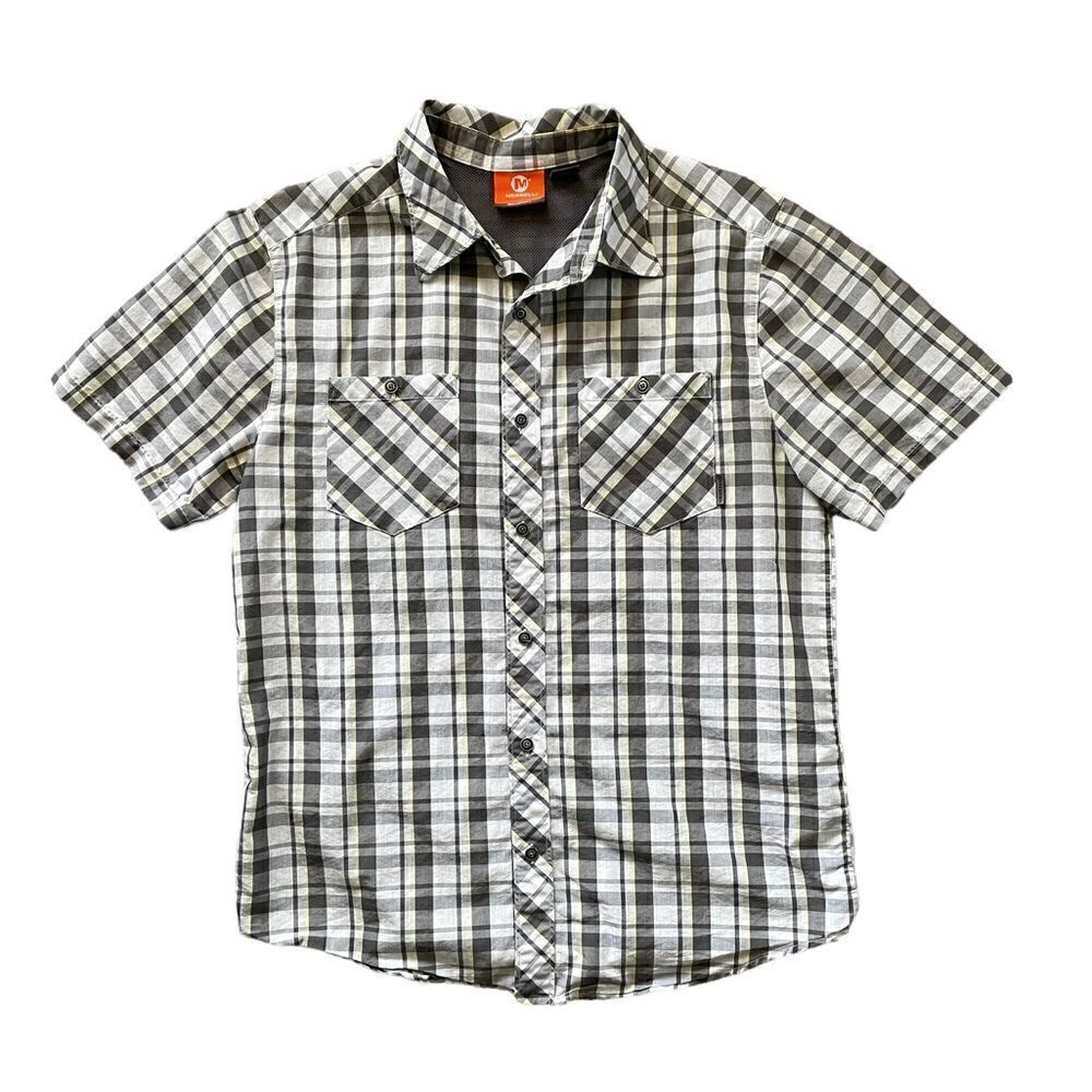 MERRELL Short Sleeve Button Down Plaid Shirt Green Gray White Size Medium